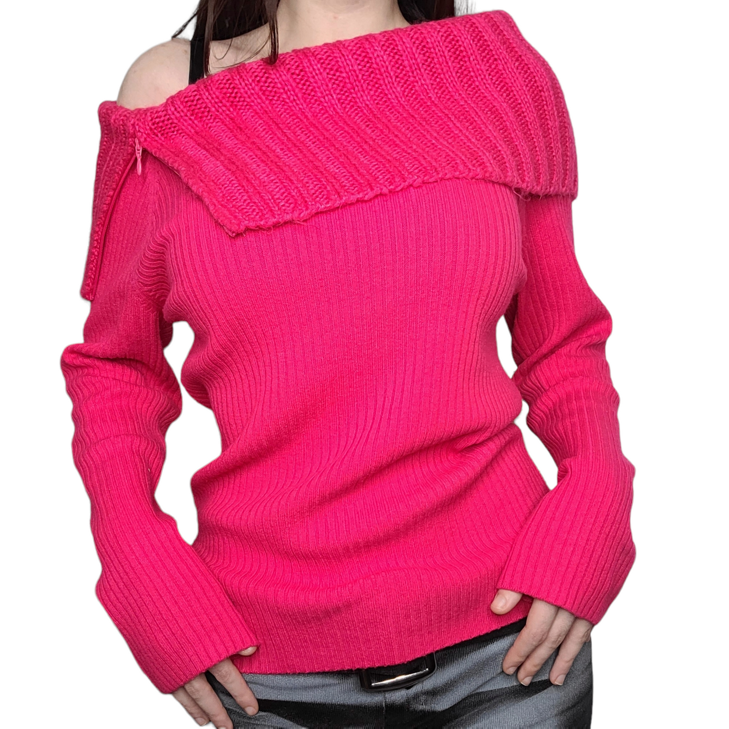 Y2k pink ribbed off shoulder sweater zimfriperie