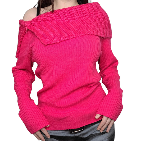 Y2k pink ribbed off-shoulder sweater