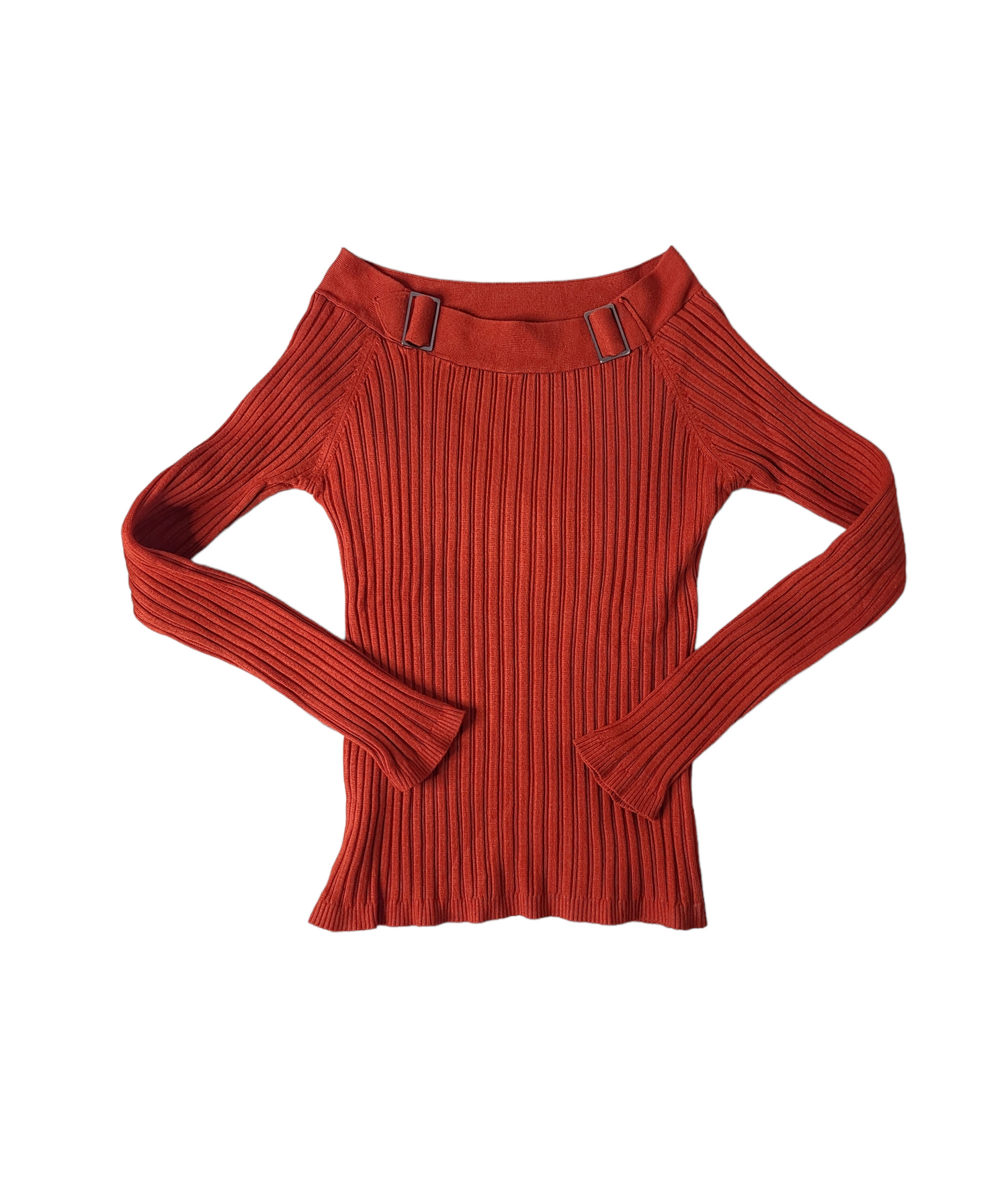 Red y2k off shoulder ribbed sweater