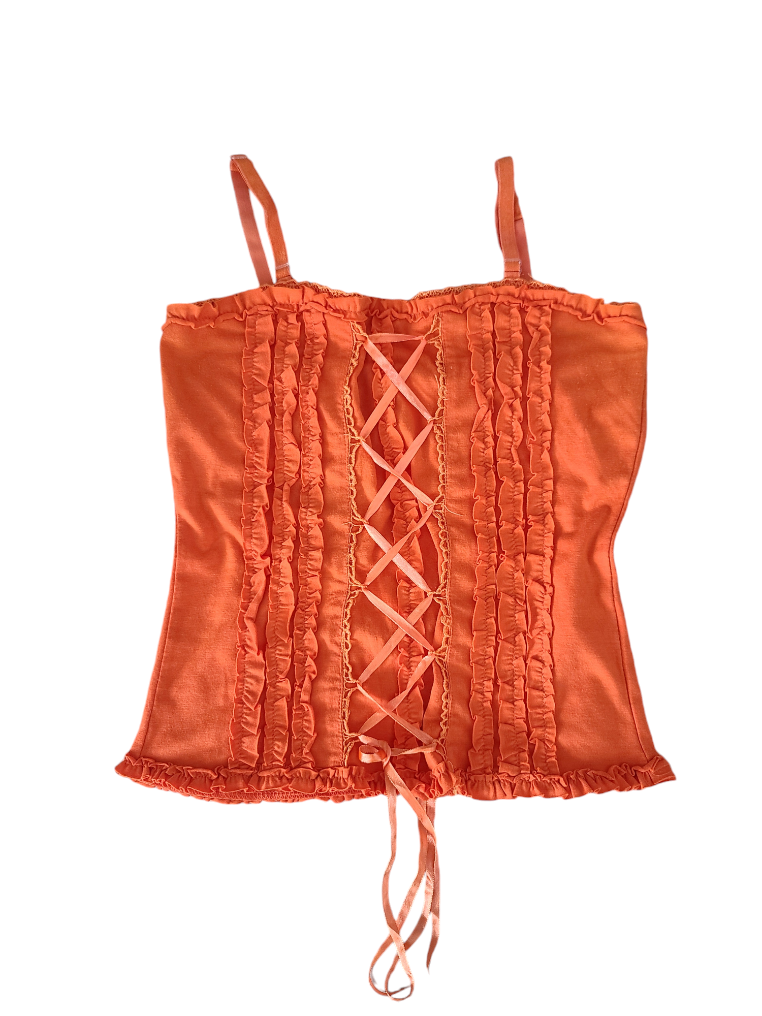 Y2k vintage coquette ruffled lace up orange top