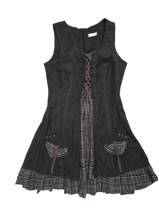 90s vintage flirty plaid ruffled lace up dress