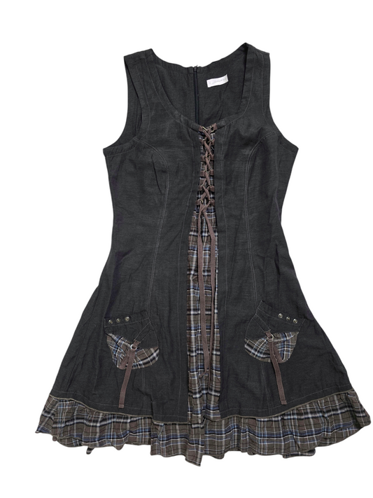 90s vintage coquette plaid ruffled lace up dress