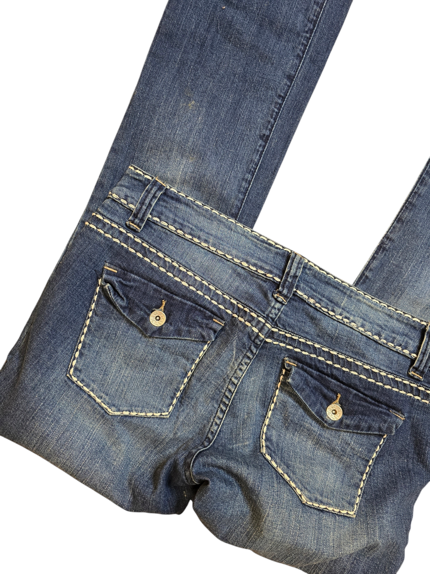 Y2k vintage coquette worn effect, overlocked seams denim bootcut