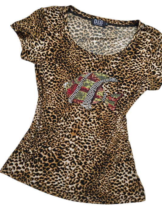 Y2k vintage Dolce&Gabbana mcbling leopard rhinestone top