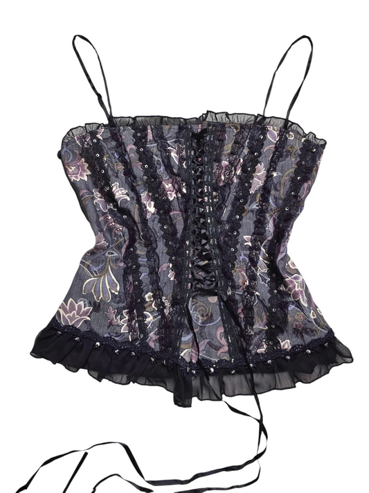 Y2k vintage dark coquette romantic ruffled corset top