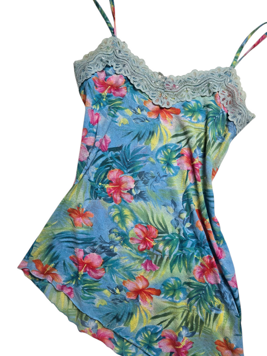 Y2k vintage beachwear hibiscus asymmetric dress