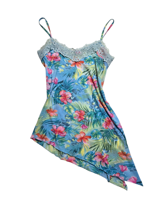 Y2k vintage beachwear hibiscus asymmetric dress