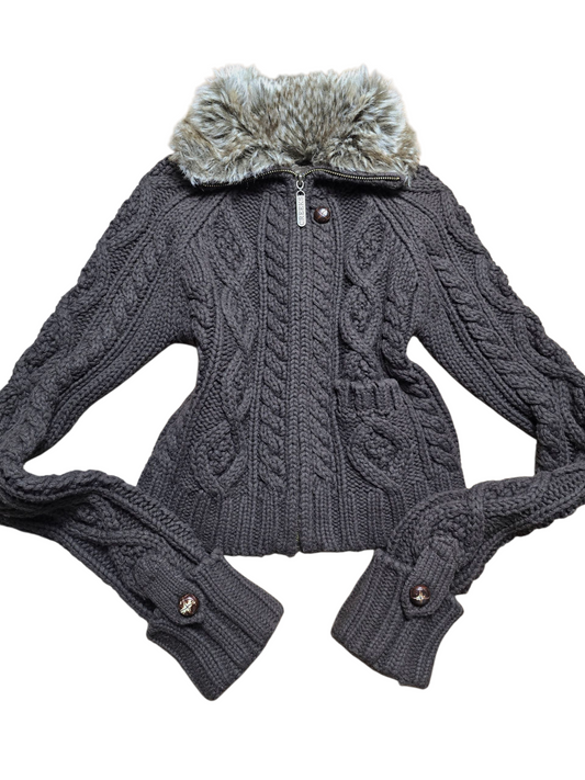 00s vintage coquette ribbed faux fur zip sweater