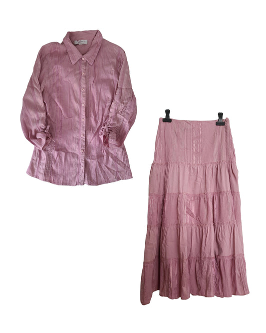 Ensemble vintage y2k top maxi skirt jupe rose vieux rose 2000 rose poudré pink coquette ruban dentelle champetre cottagecore romantic 