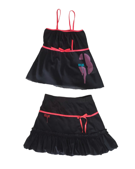 Blokette coquette gorpcore sportwear girly y2k cute set ensemble kawaii harajuku noir et rose ruban noeuds street