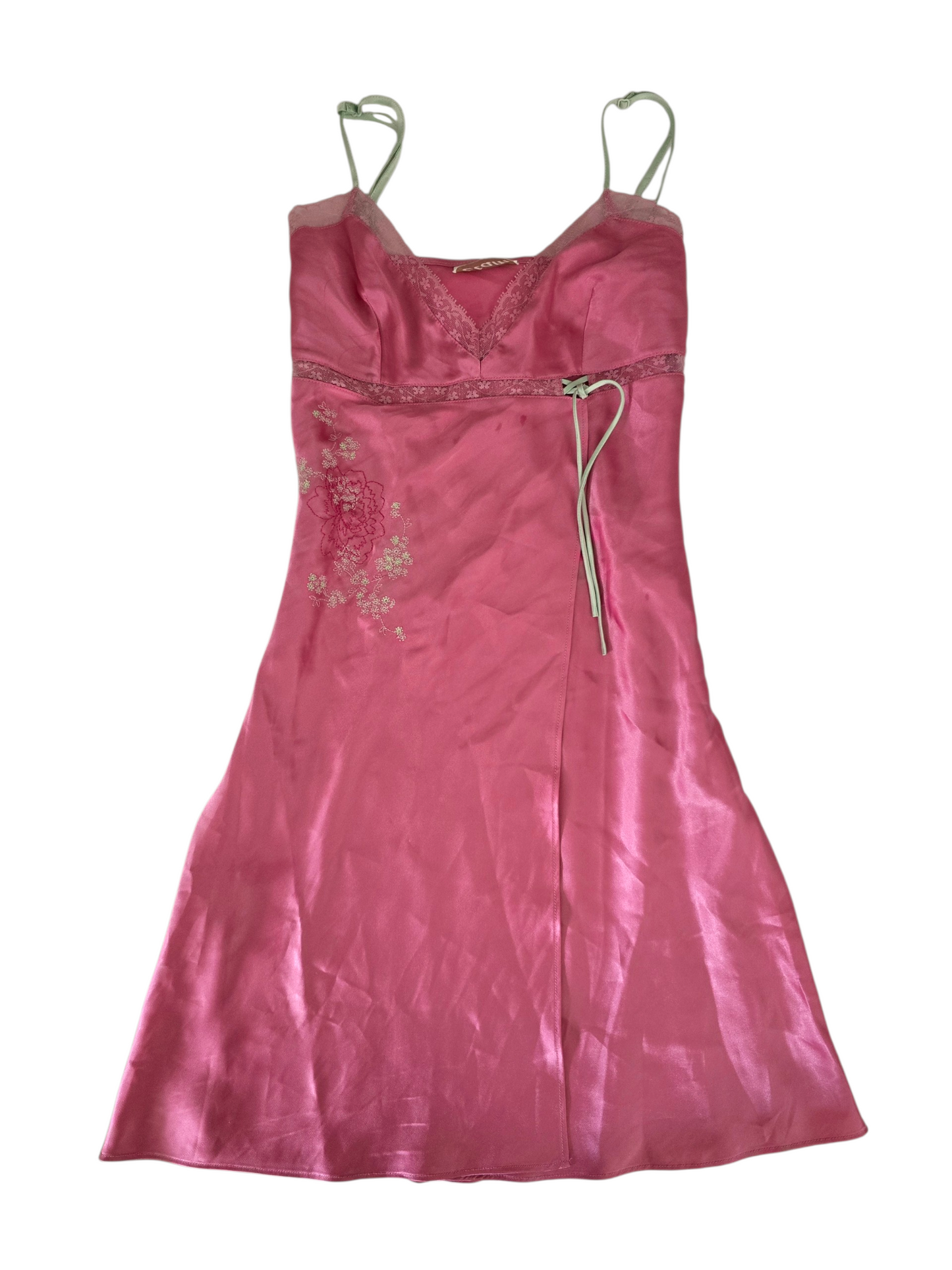 2000s vintage coquette fairy lace pink satin dress