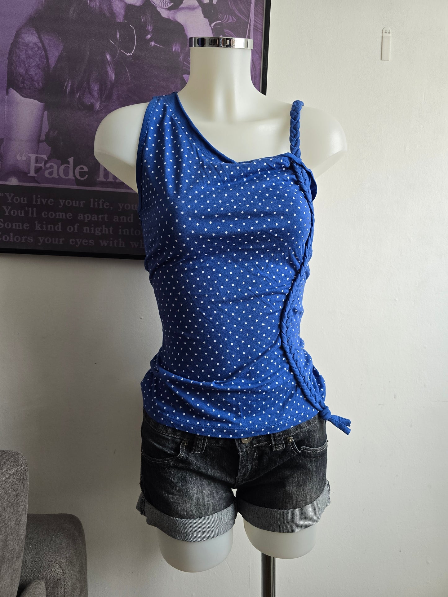 2000s vintage twee blue polka dots asymetric top