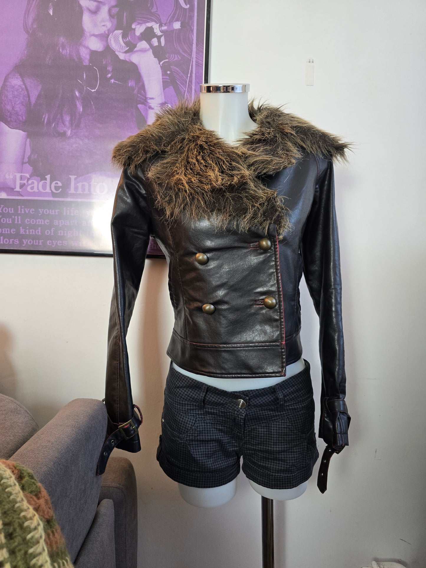 00s vintage faux fur officer jacket