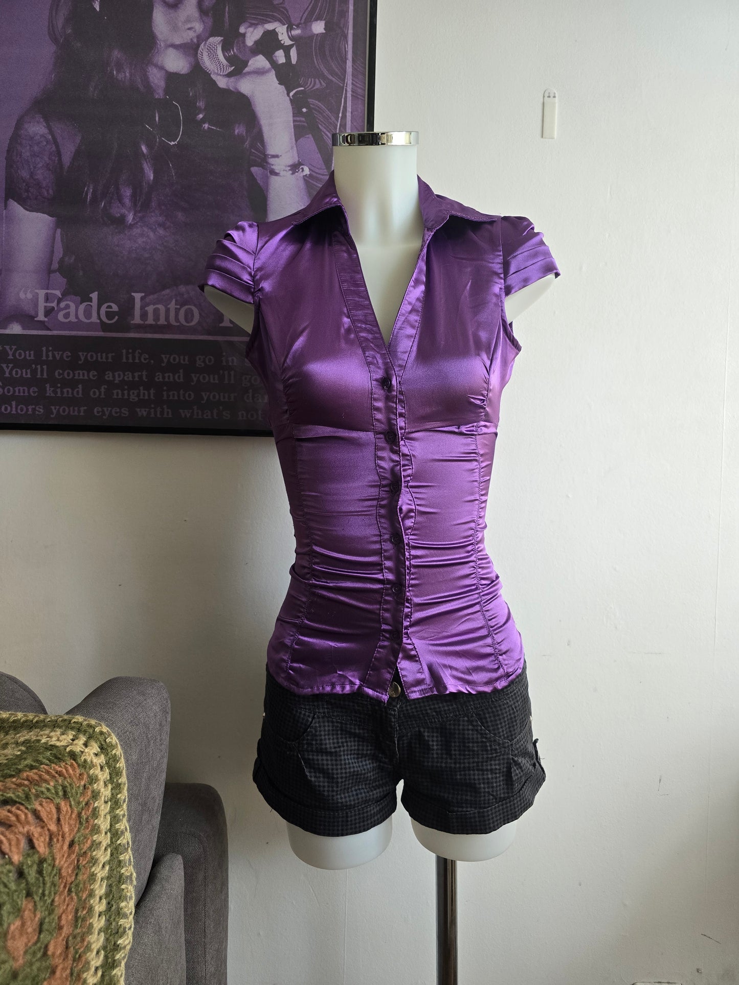 90s vintage flirty office satin fitted button down blouse