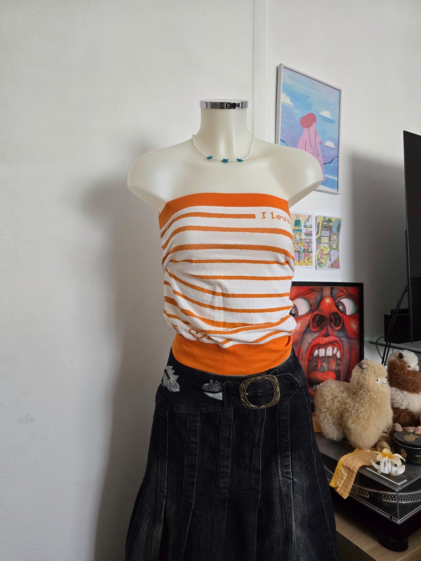 Top y2k vintage striped offshoulder strapless tube indie sleaze 2010