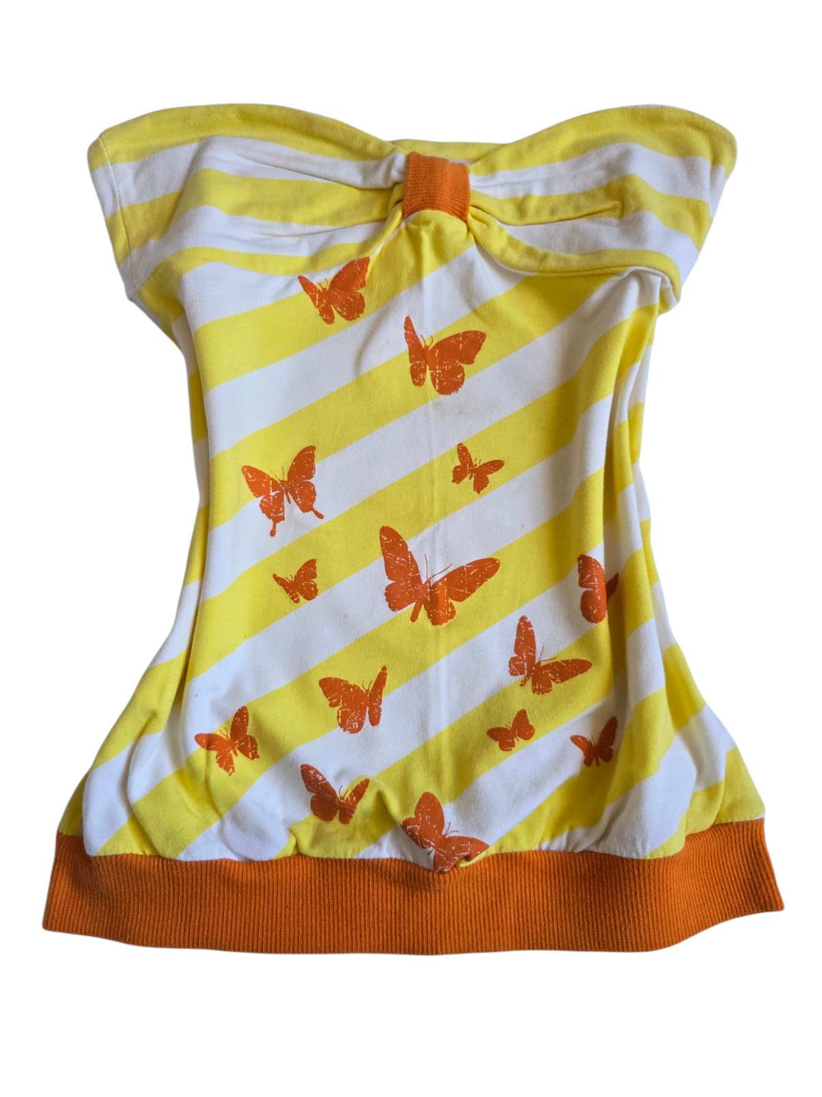 2000s vintage indie sleaze yellow striped strapless babydoll top