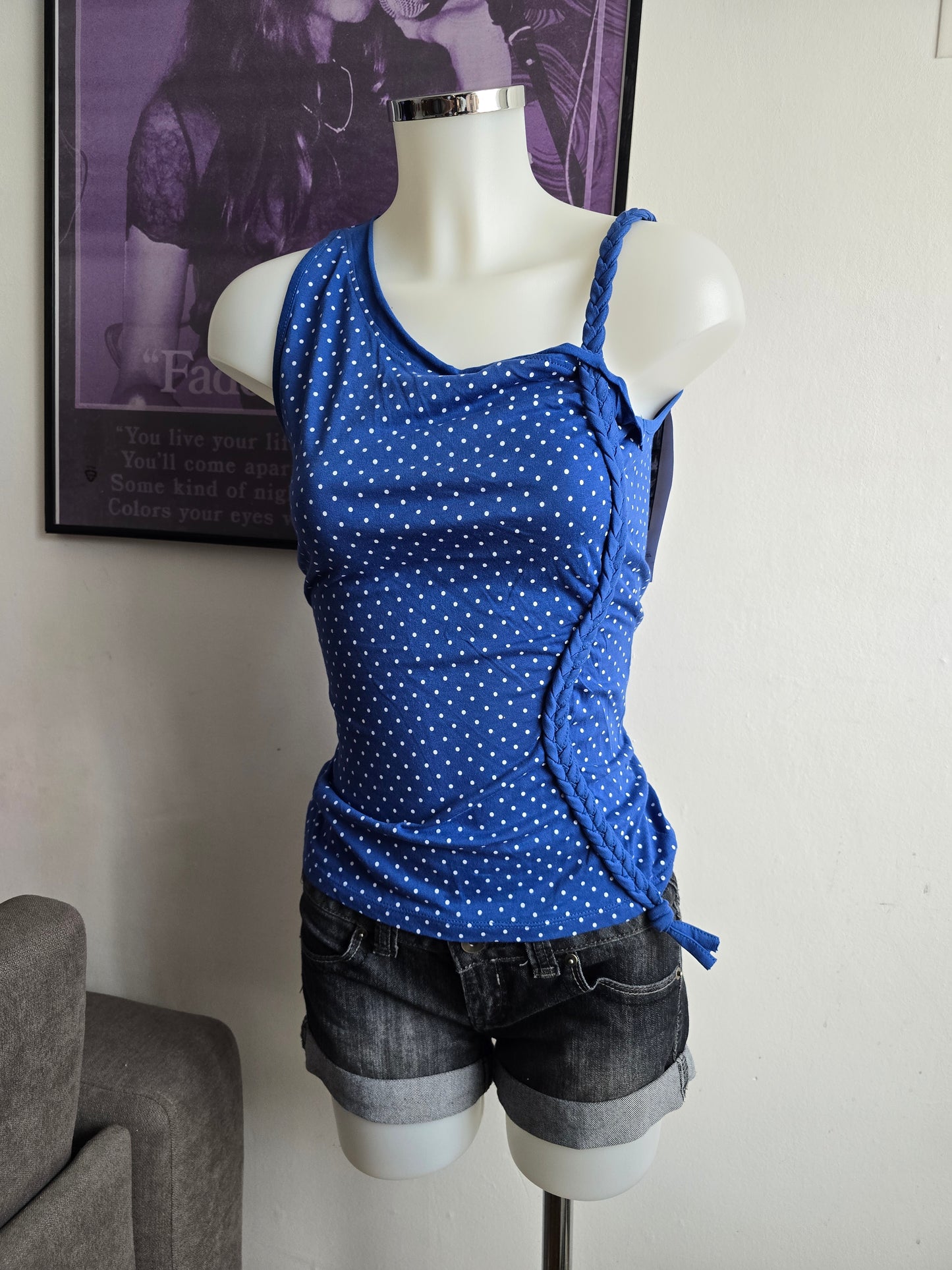 2000s vintage twee blue polka dots asymetric top