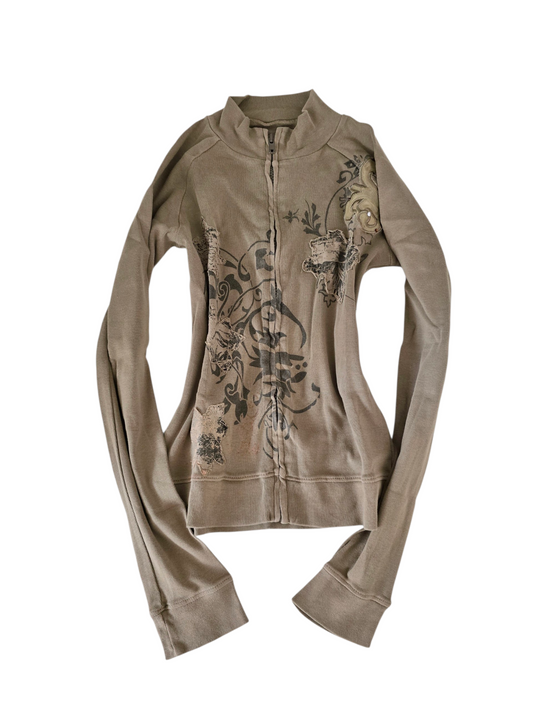 2000s vintage softgrunge rhinestone fitted zip sweater