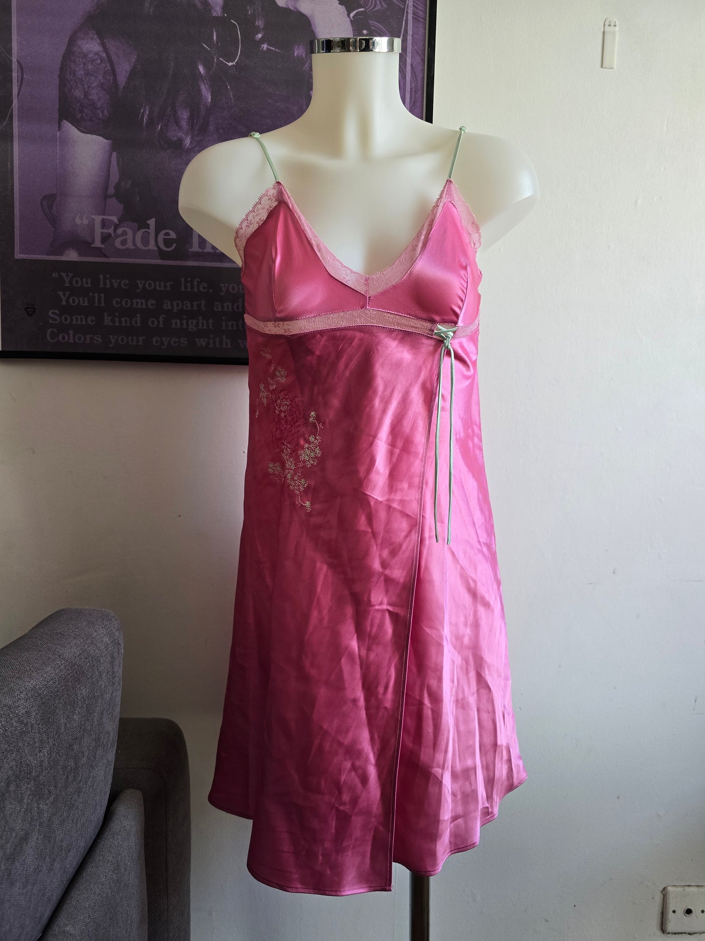 2000s vintage coquette fairy lace pink satin dress