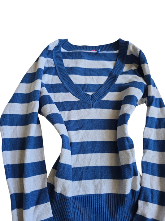 2000s vintage striped v-neck knit blue sweater