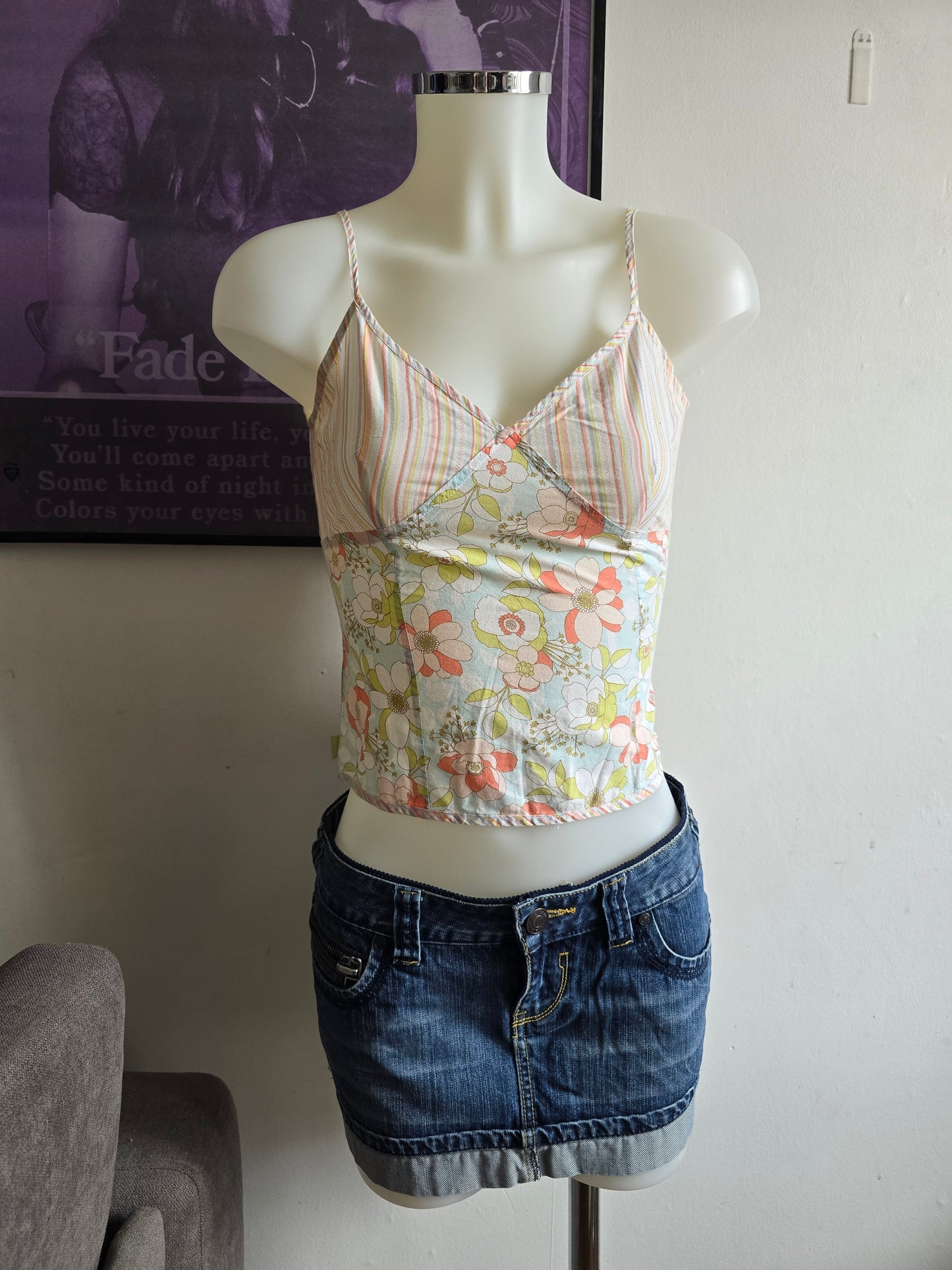 2000s vintage whimsical fairy striped flowers babydoll top