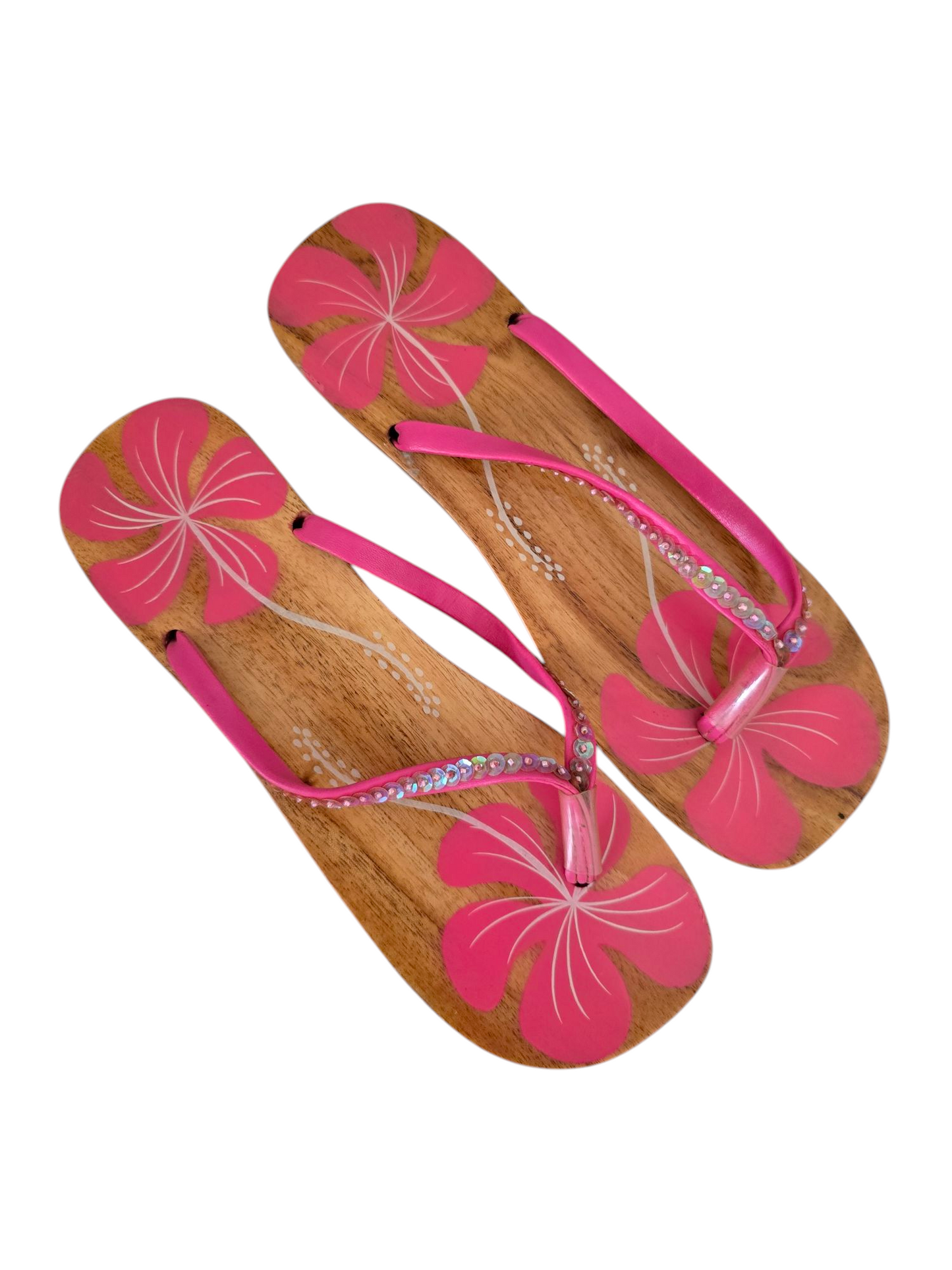 90s vintage beachwear mcbling hibiscus sequin wood sandals