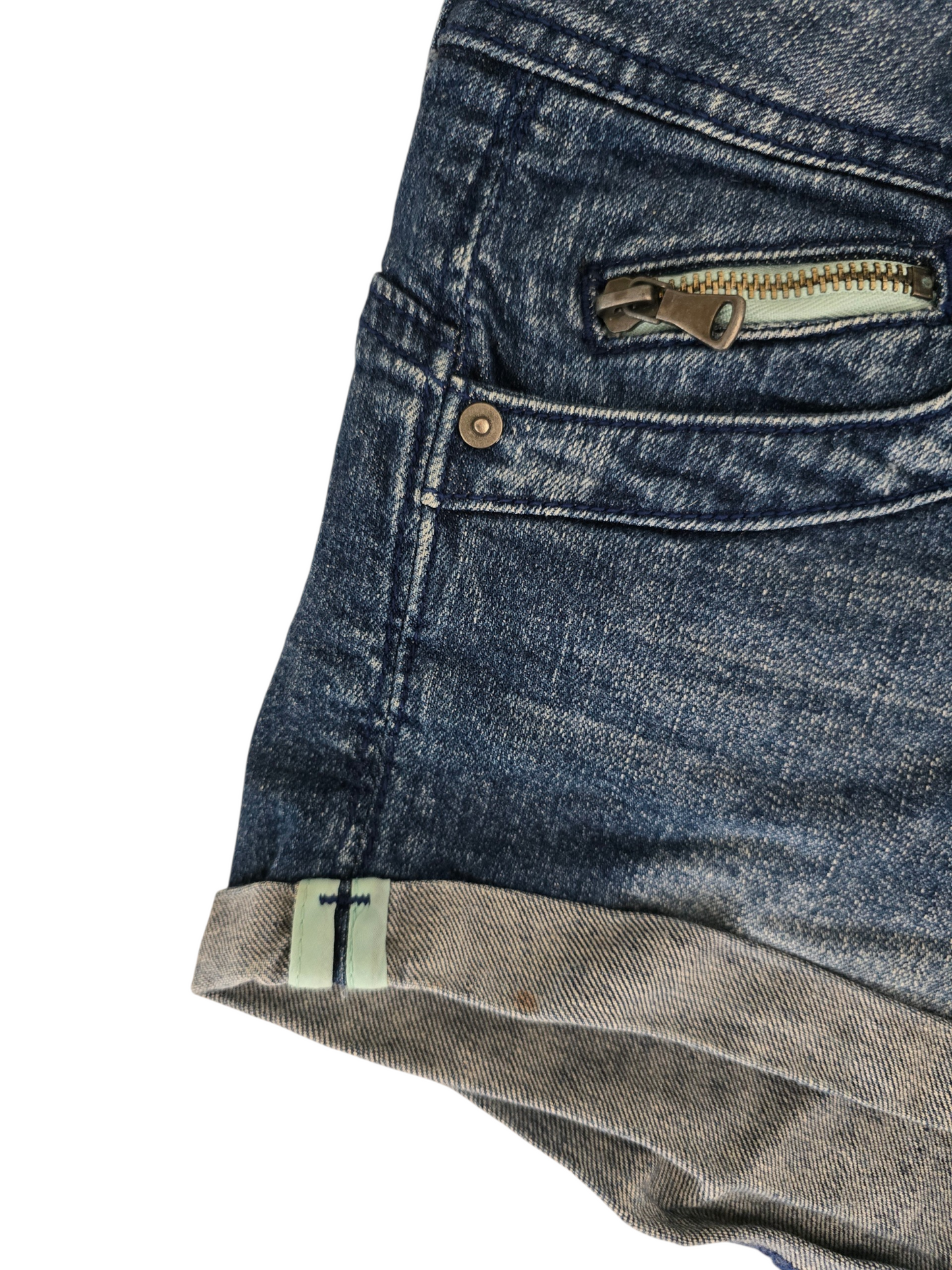 2000s vintage indie sleaze teal rise denim short