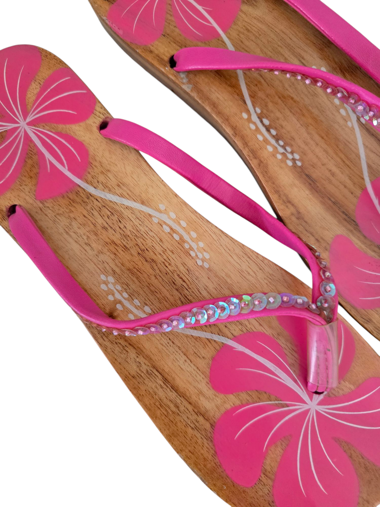 90s vintage beachwear mcbling hibiscus sequin wood sandals