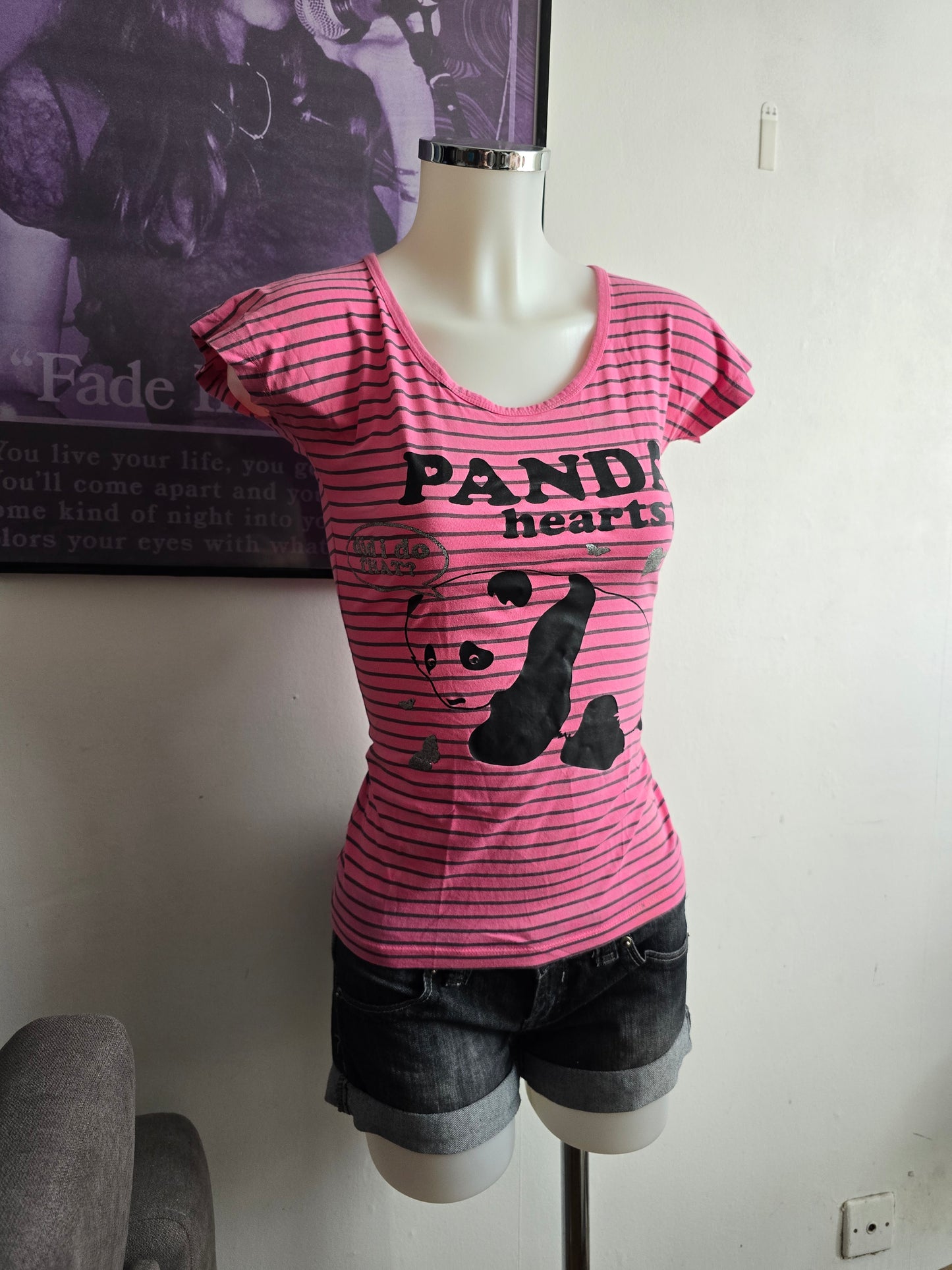 2000s vintage indie sleaze striped panda pink tshirt