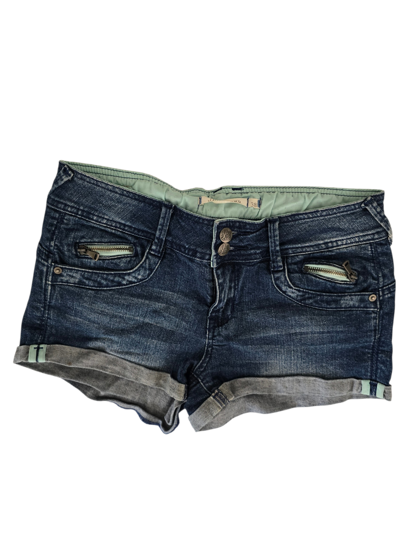 2000s vintage indie sleaze teal rise denim short