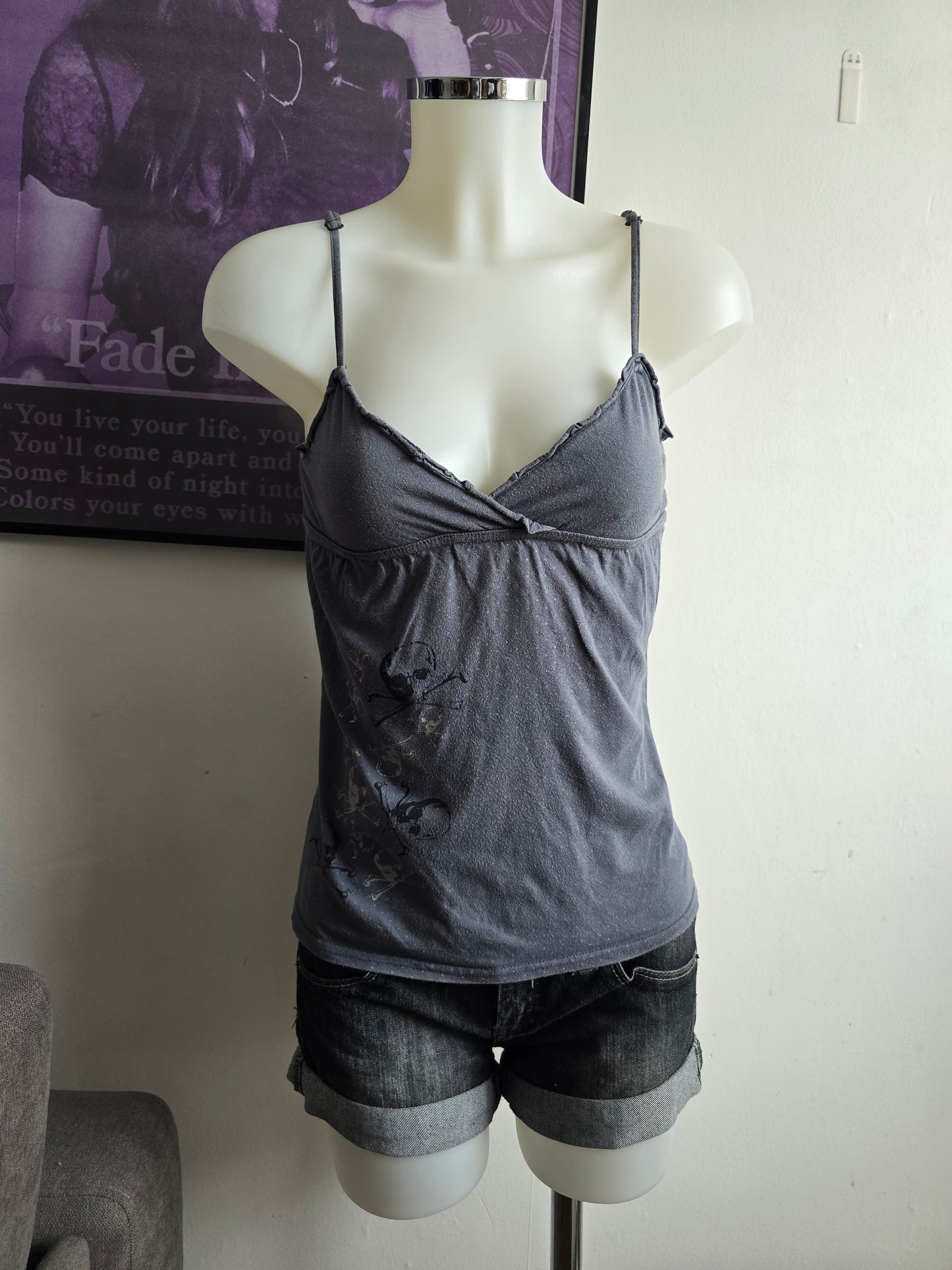 2000s vintage softgrunge skull polka dots babydoll top