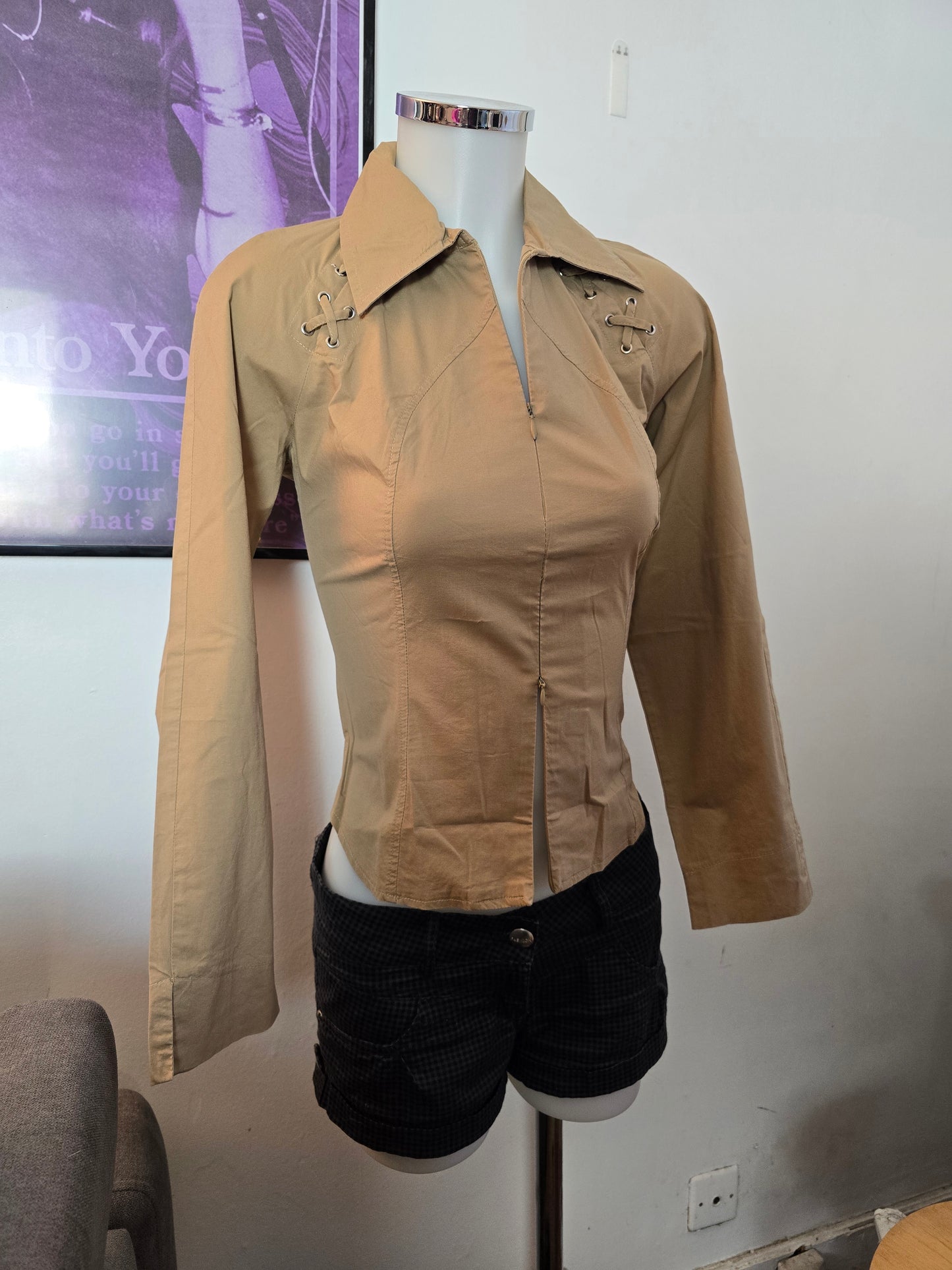 90s vintage office lace up double zip shirt