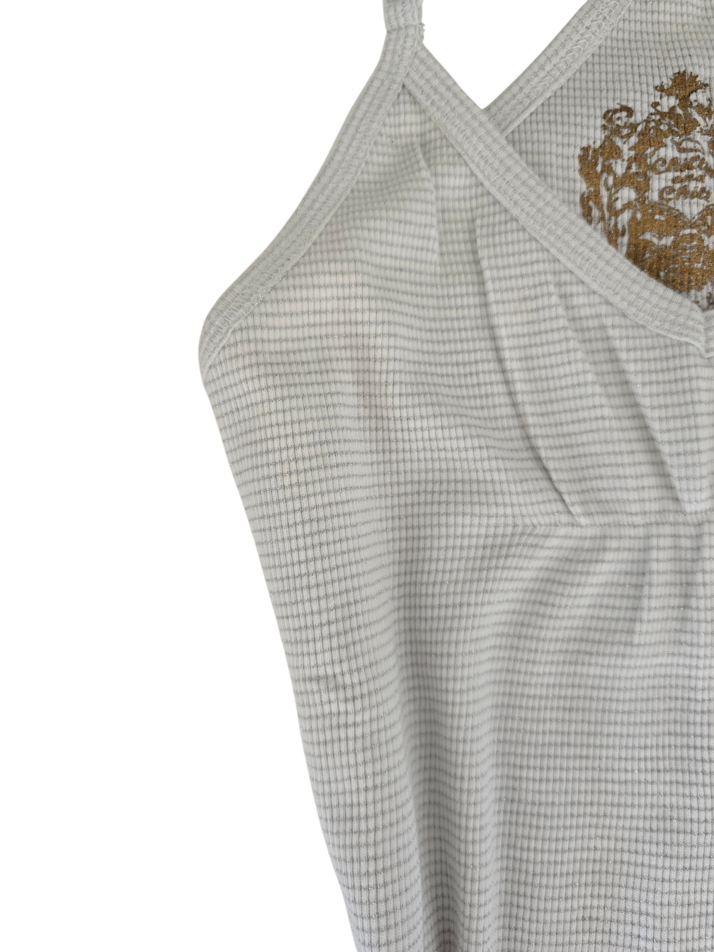 2000s vintage coquette white and grey shinny fitted cami top