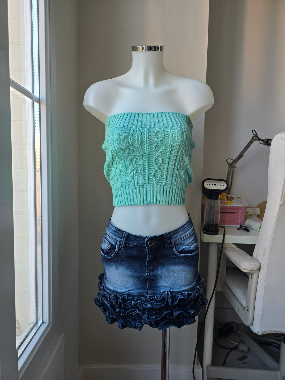 2000s vintage swag ribbed strapless teal top
