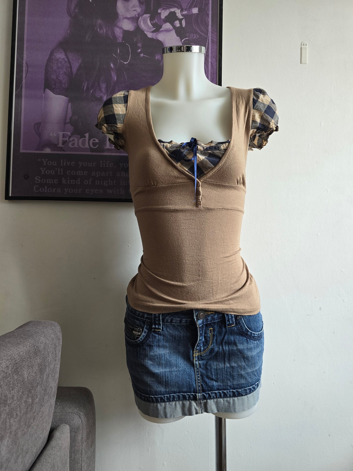2000s vintage milkmaid babydoll plaid fitted top