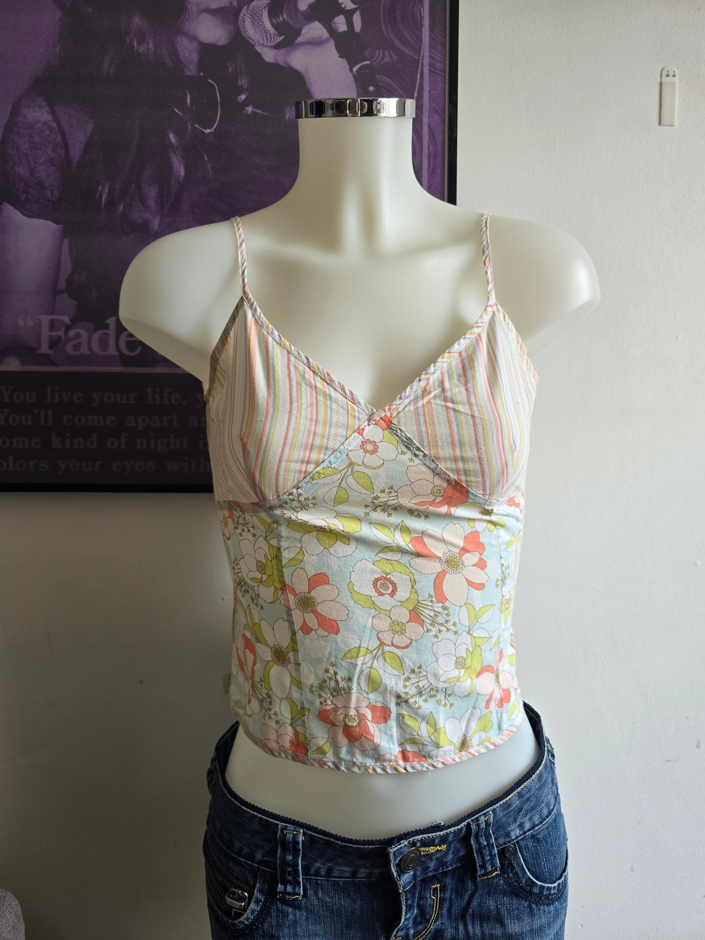 2000s vintage whimsical fairy striped flowers babydoll top