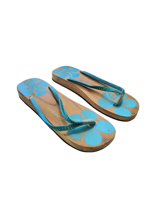 90s vintage beachwear mcbling hibiscus sequin wood sandals
