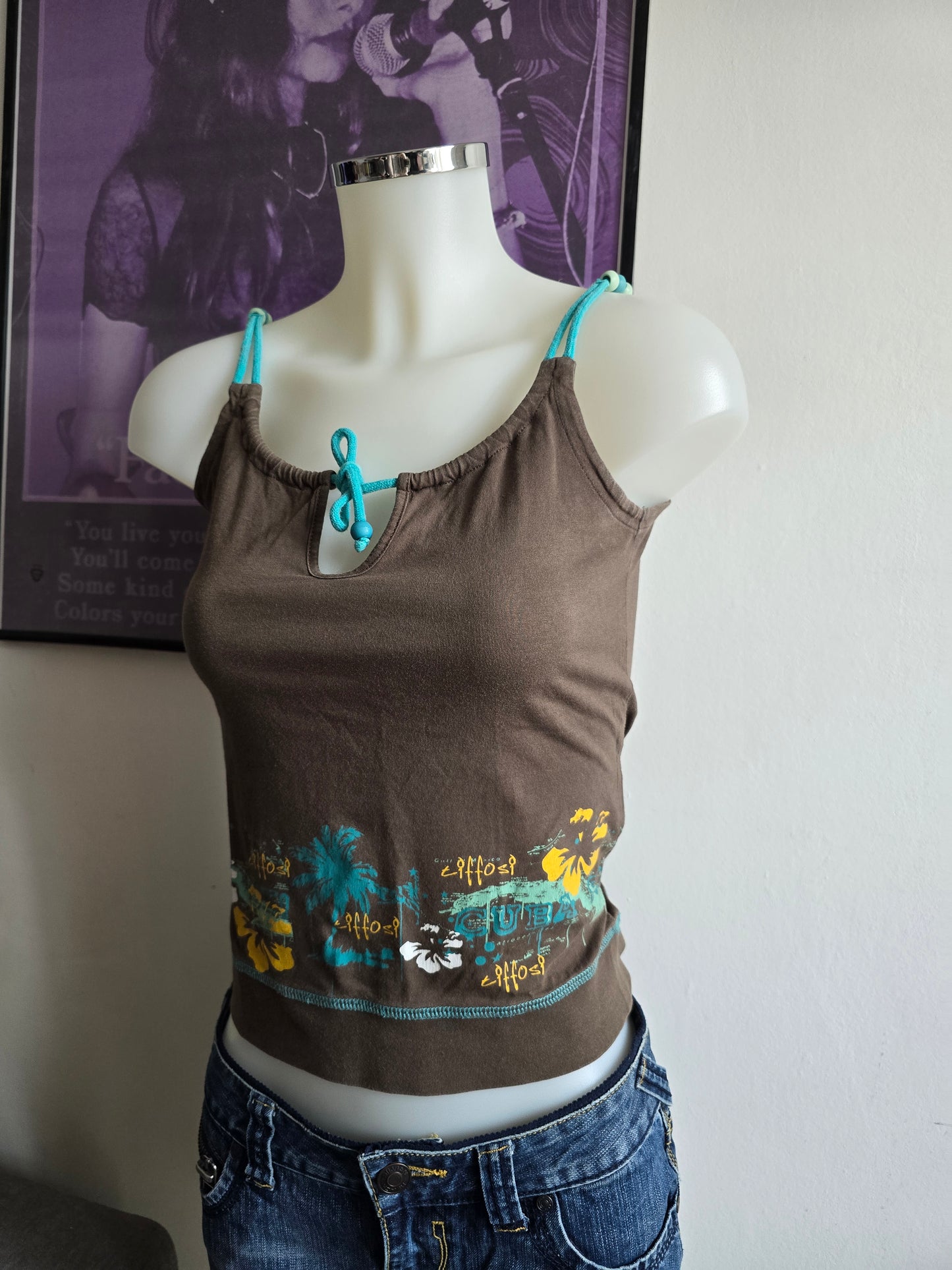 2000s vintage surfwear hibiscus teal top