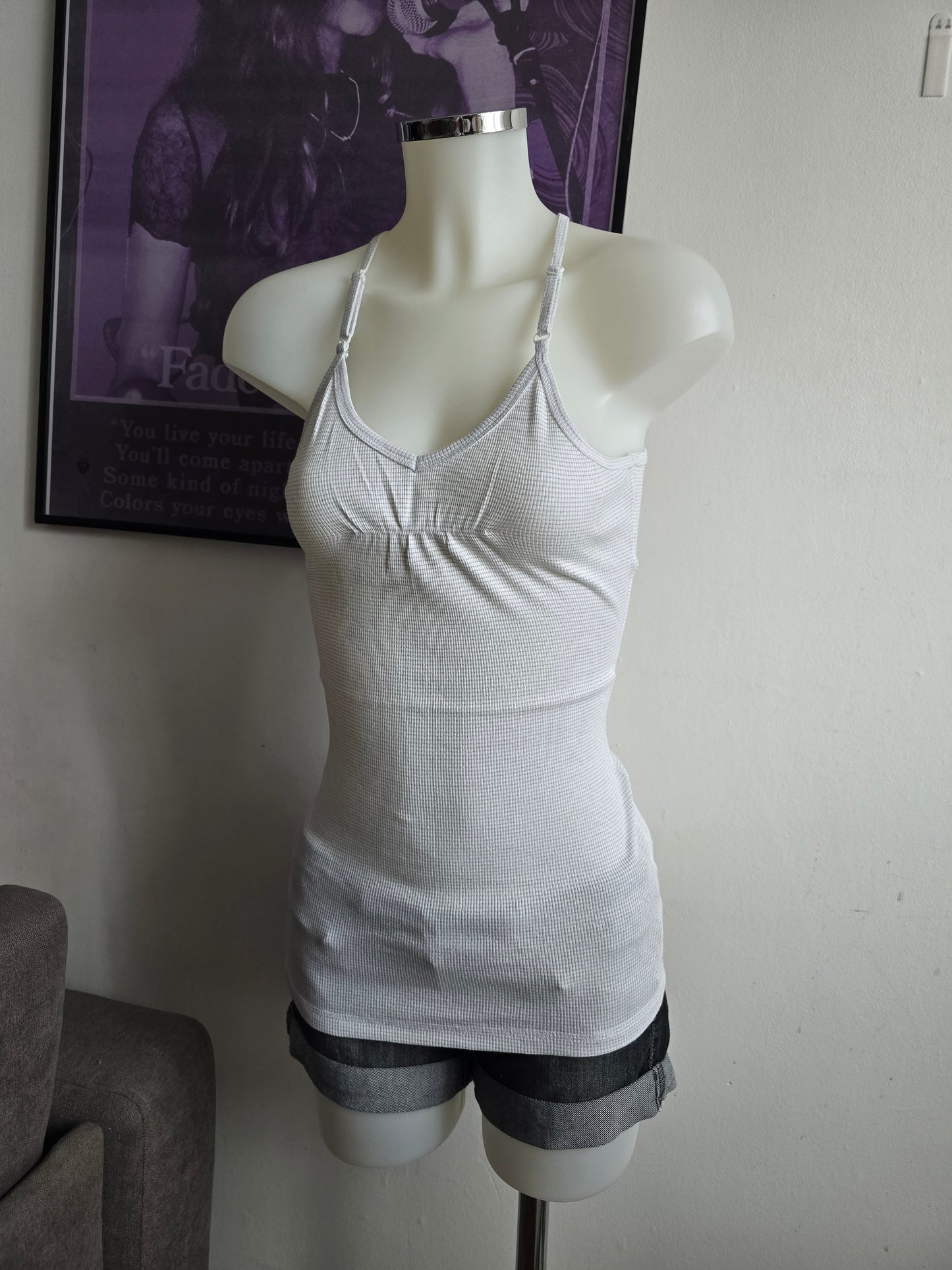 2000s vintage coquette white and grey shinny fitted cami top