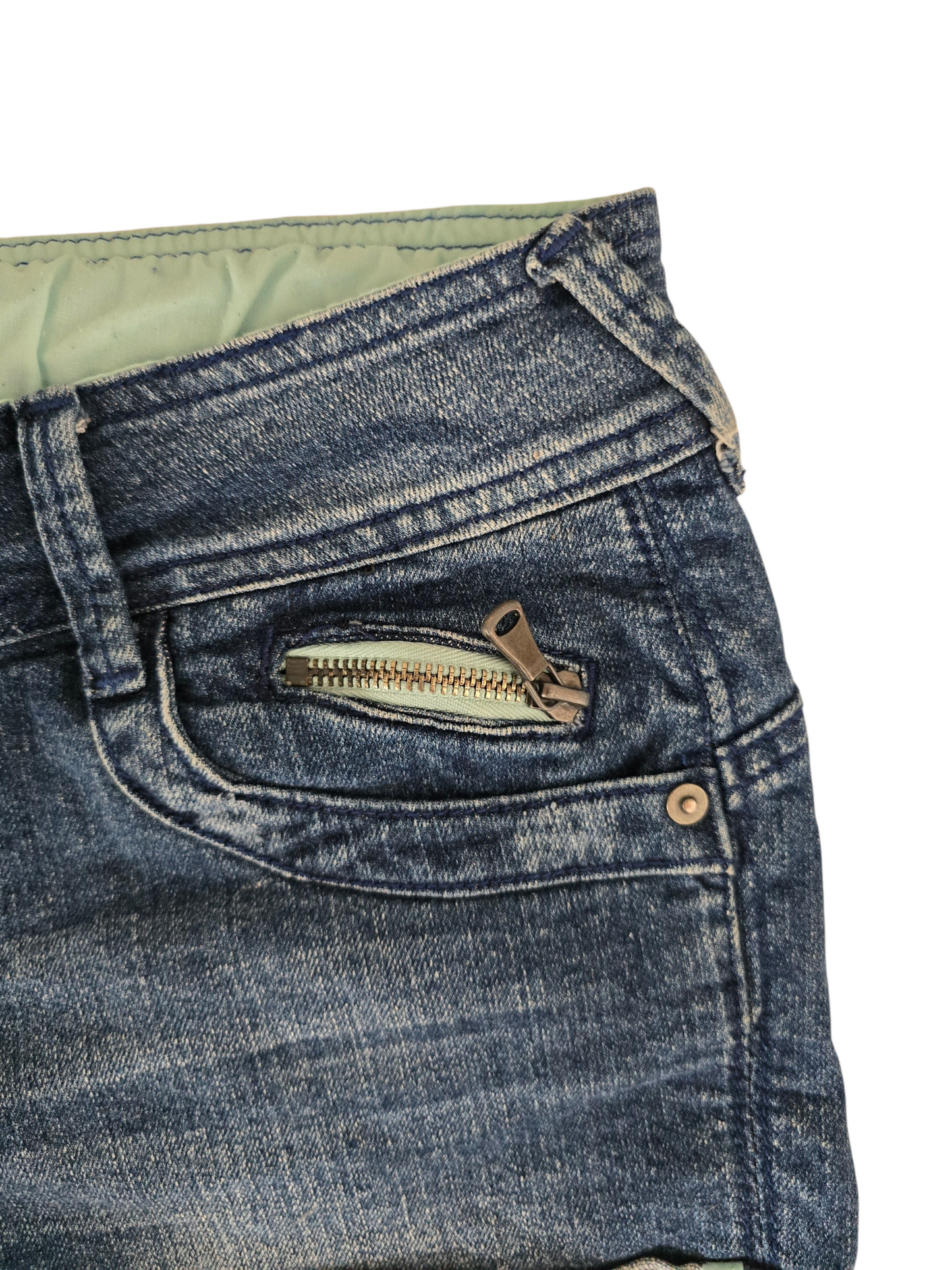 2000s vintage indie sleaze teal rise denim short