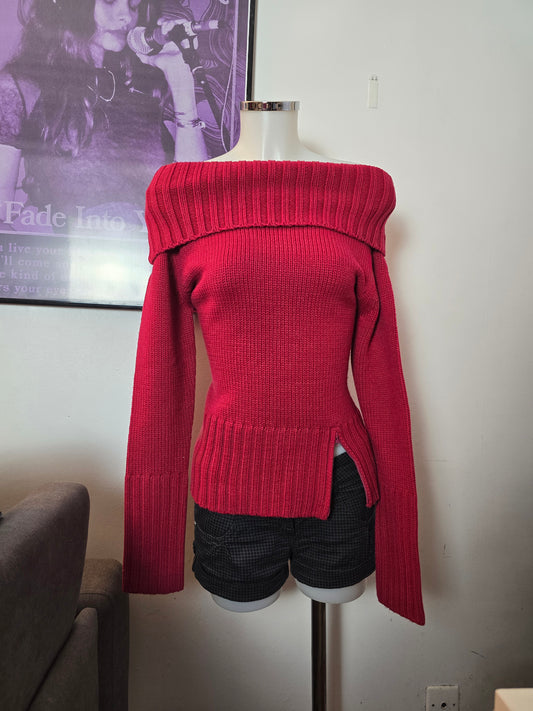 00s vintage coquette off shoulder red zip knit sweater