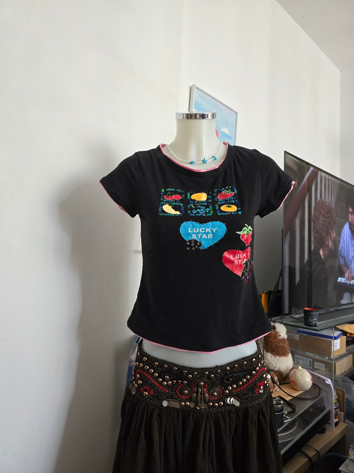 Y2k vintage sequin fruit baby tee