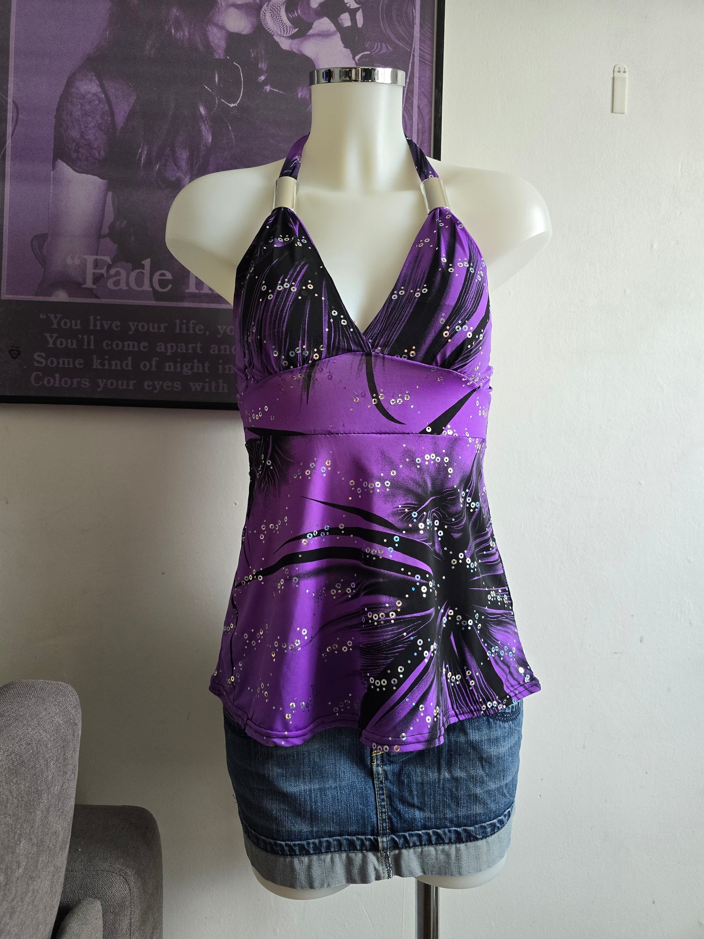 2000s vintage mcbling sequin purple halter top
