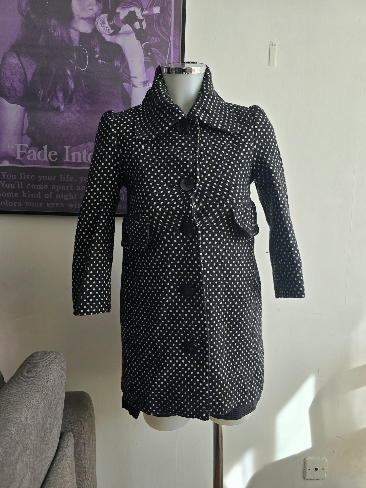 00s vintage coquette downtown girl polka dot peacoat