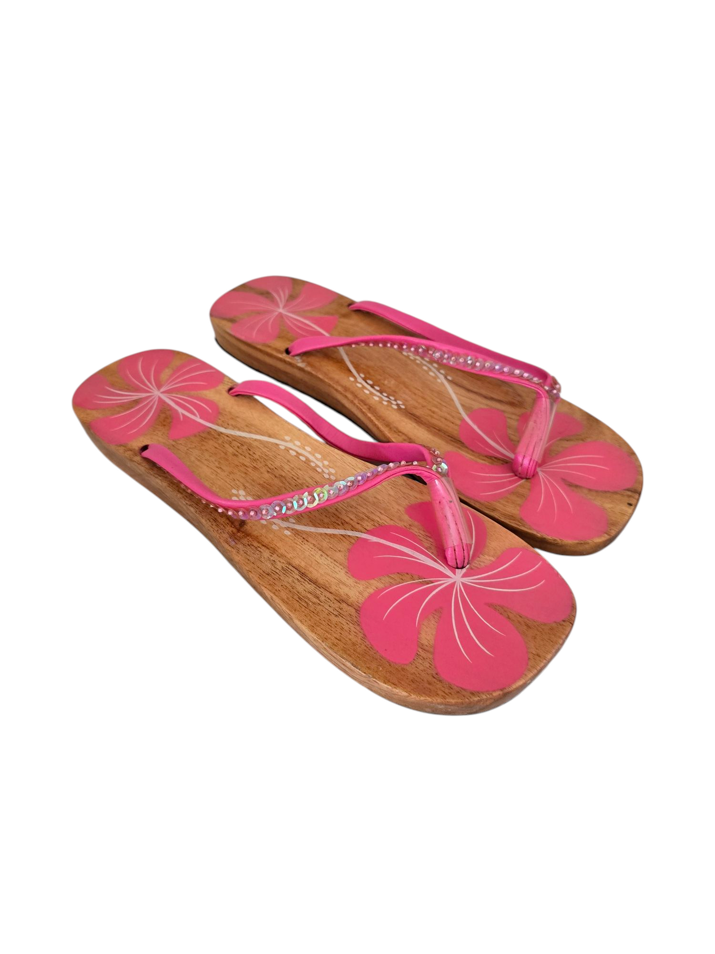 90s vintage beachwear mcbling hibiscus sequin wood sandals