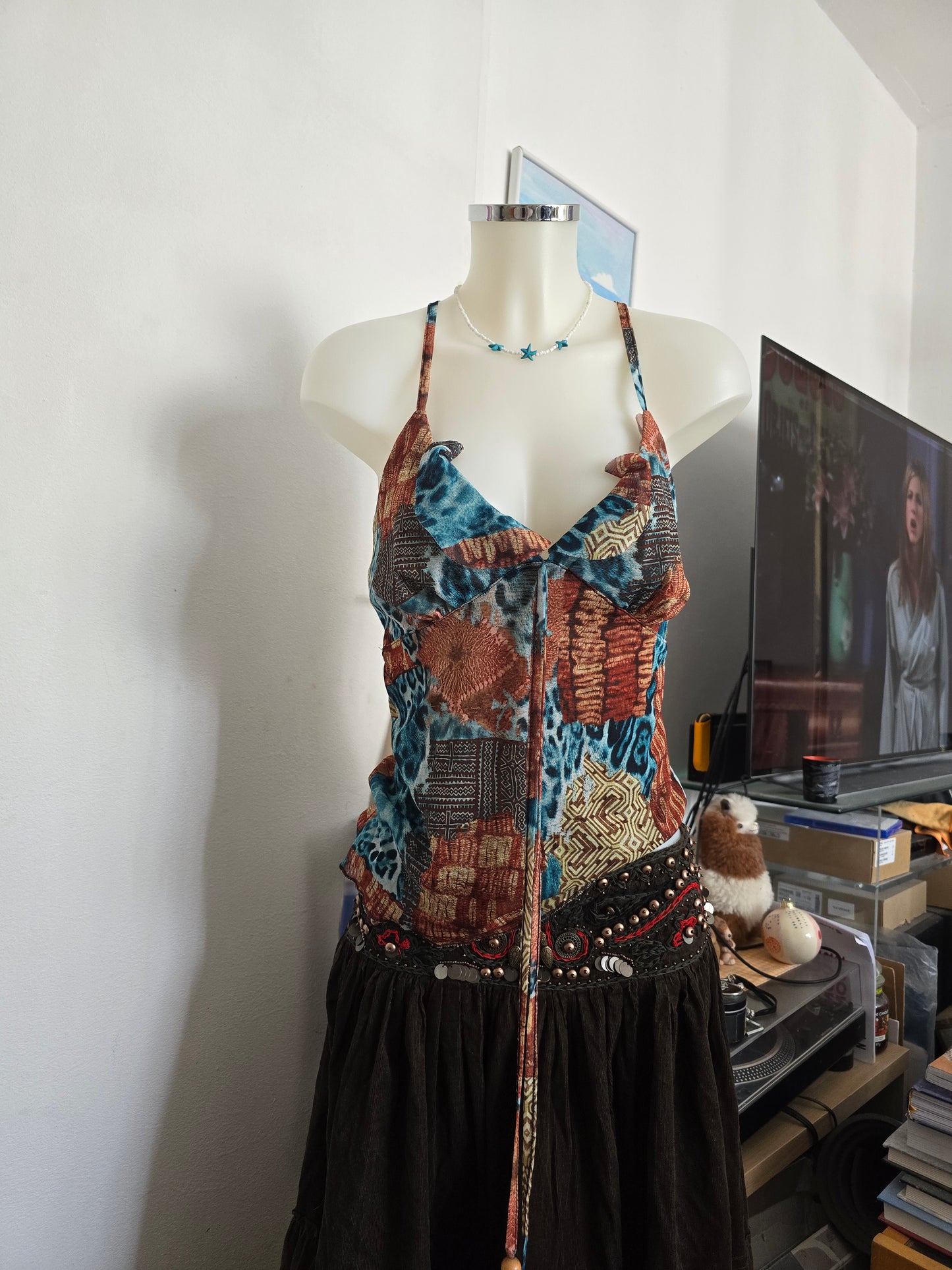 Y2k vintage bohemian asymmetric ibiza halter neck top