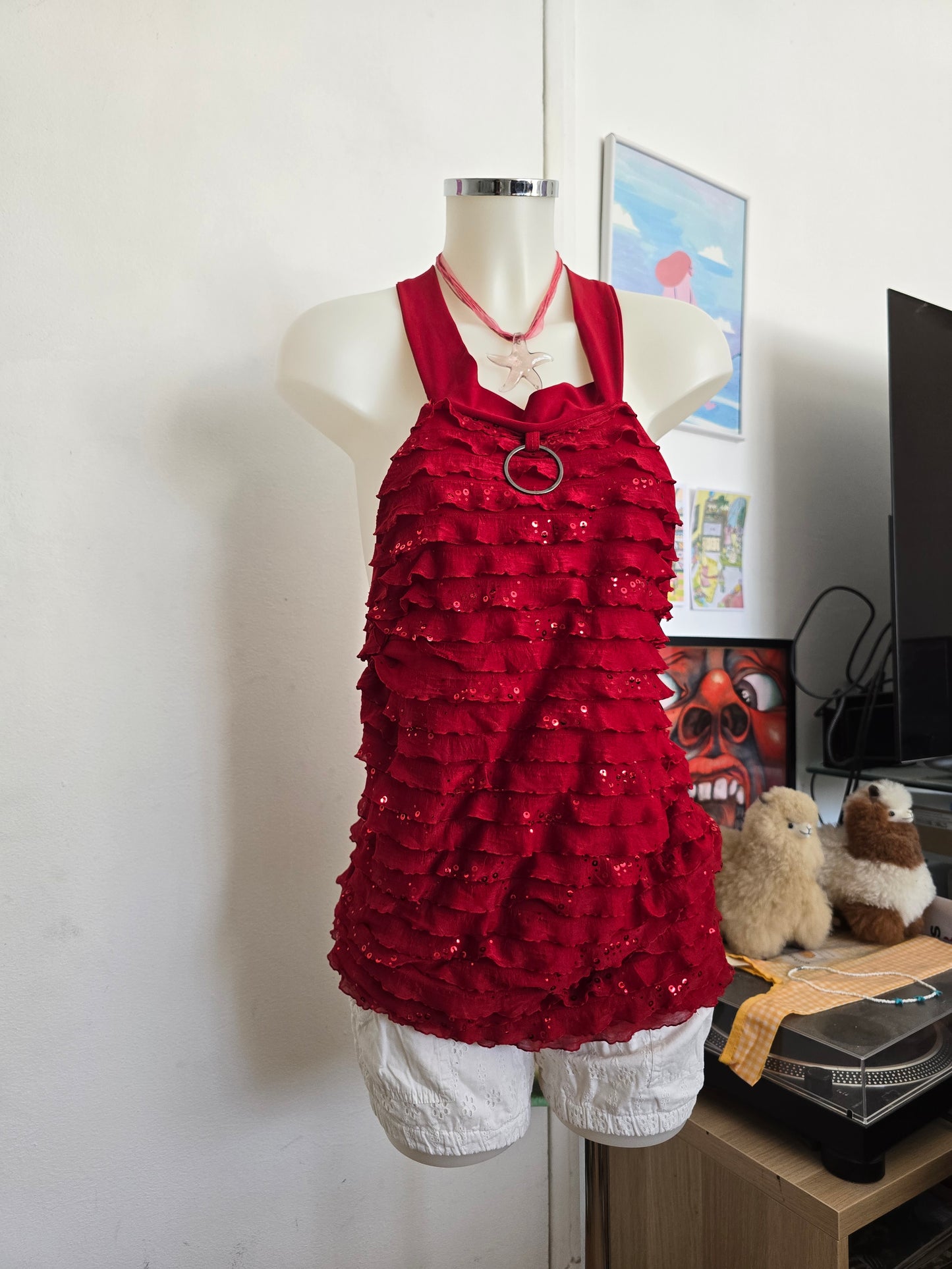 Y2k vintage indiesleaze ruffled sequin halter dress