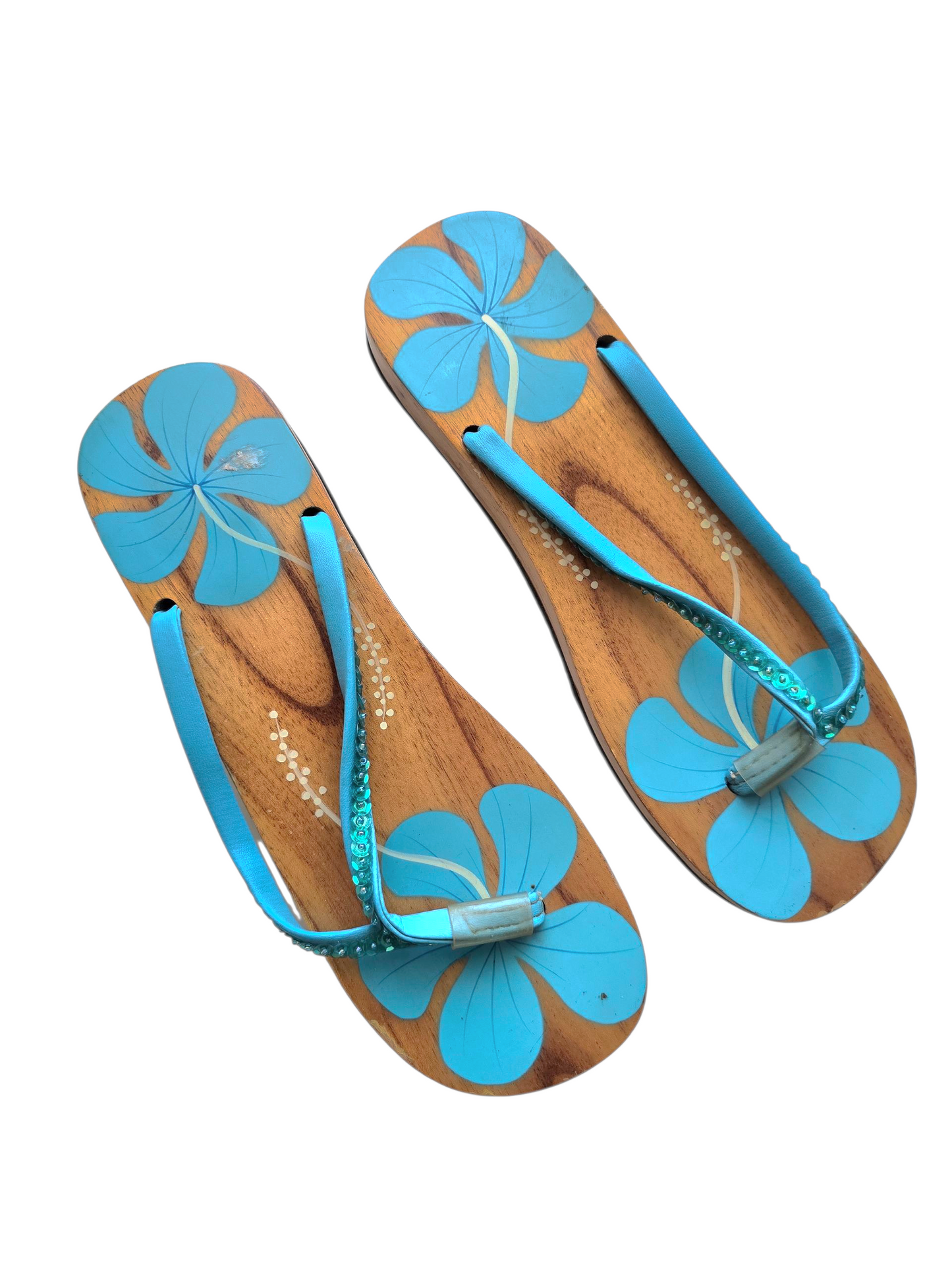 90s vintage beachwear mcbling hibiscus sequin wood sandals