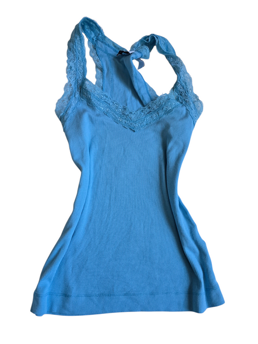 2000s vintage blue ribbed lace top