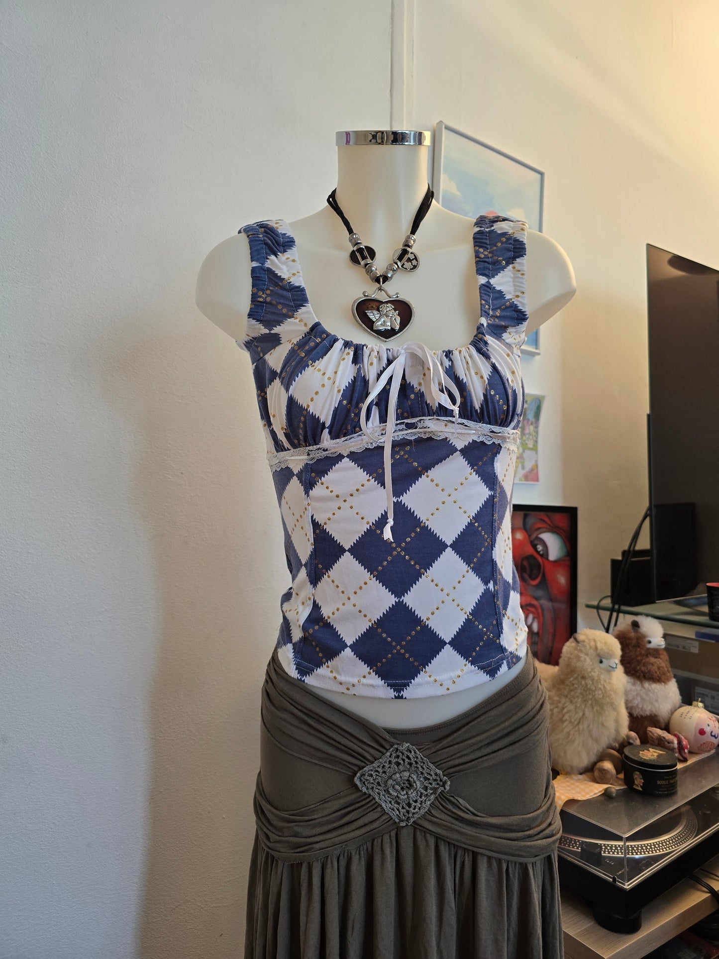 00s vintage coquette milkmaid jacquard top